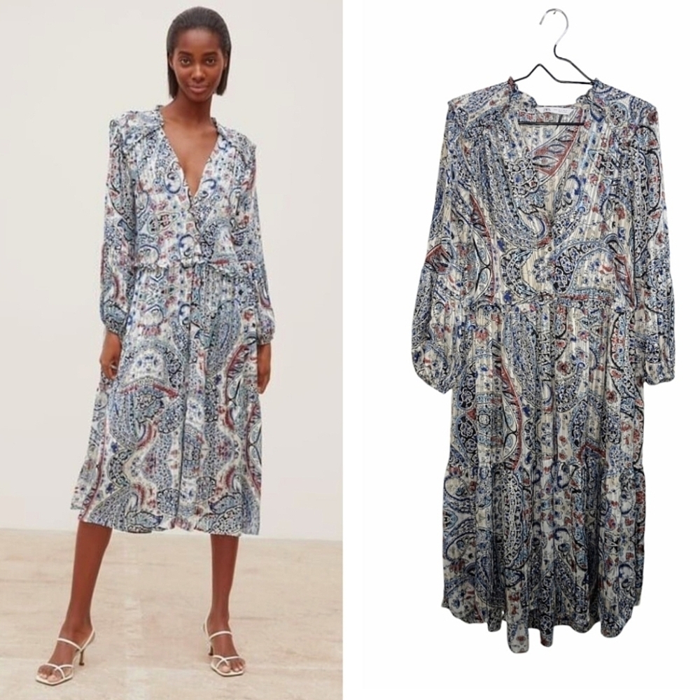 Zara Cream Blue Paisley Print Midis Dress Metallic Threads Pleated Long Sleeve M